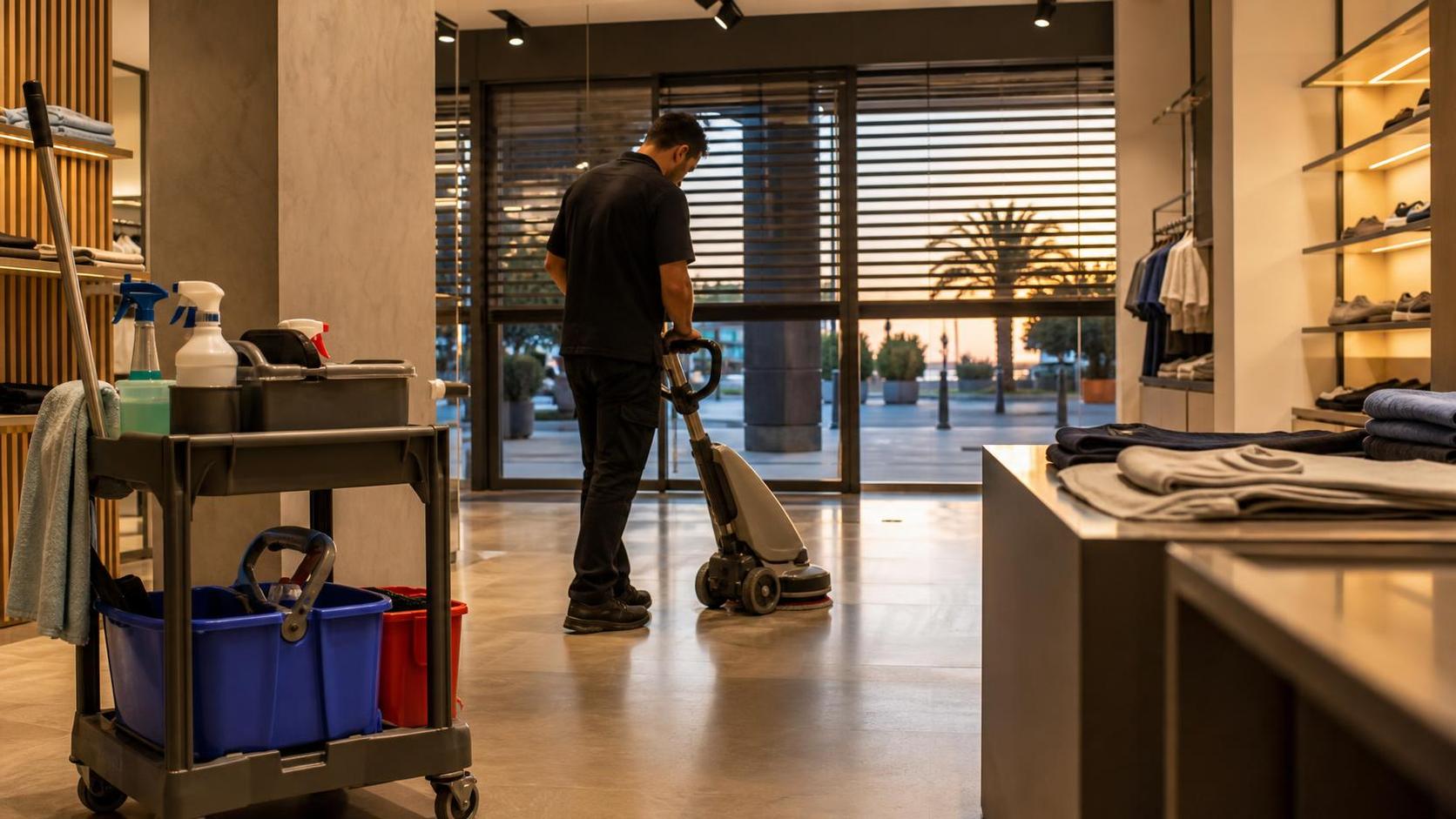 Entretien du sol d’un commerce avec une monobrosse — illustration du nettoyage professionnel à Agde