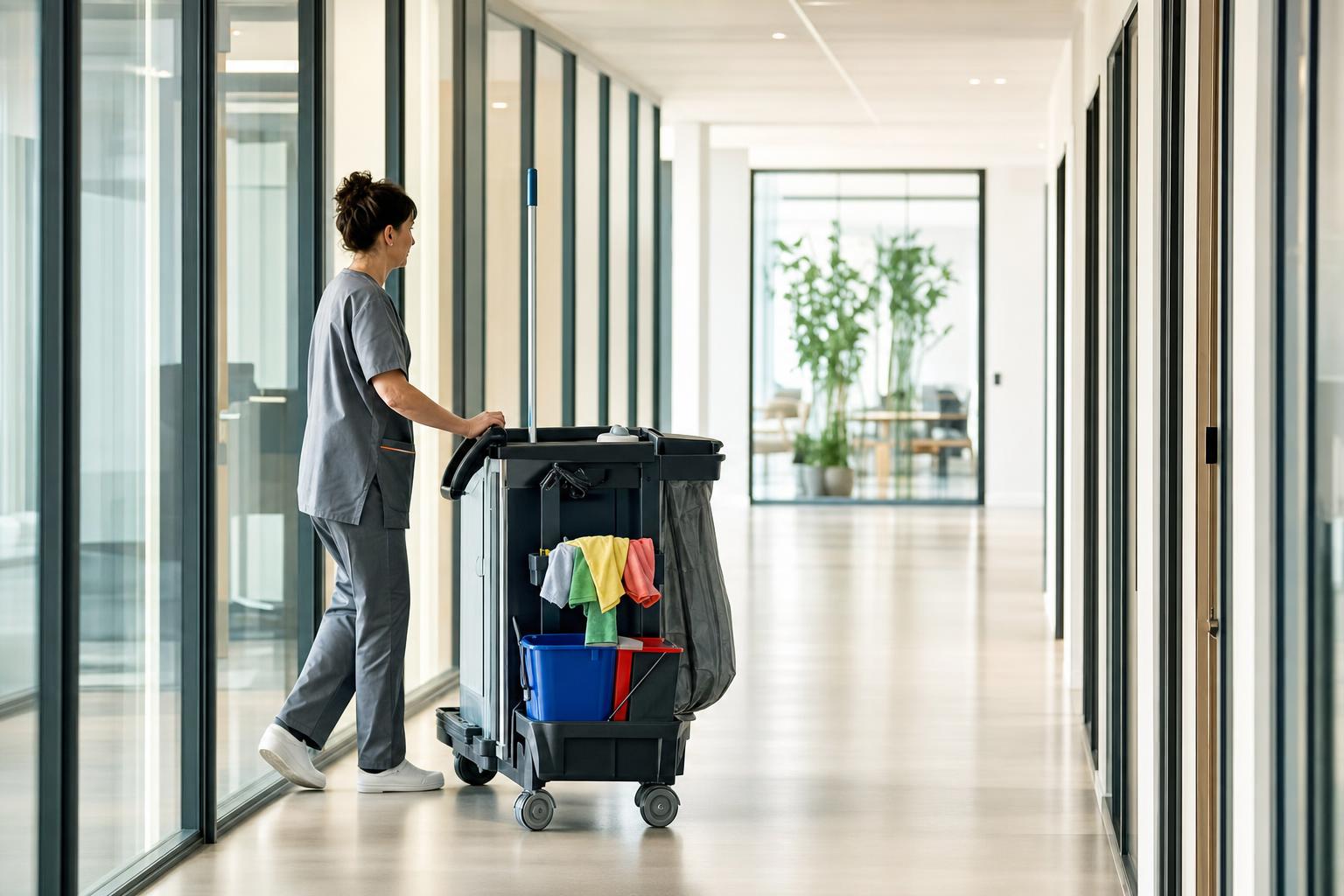 Agent d’entretien avec un chariot dans un couloir de bureaux — illustration du nettoyage professionnel à Clapiers