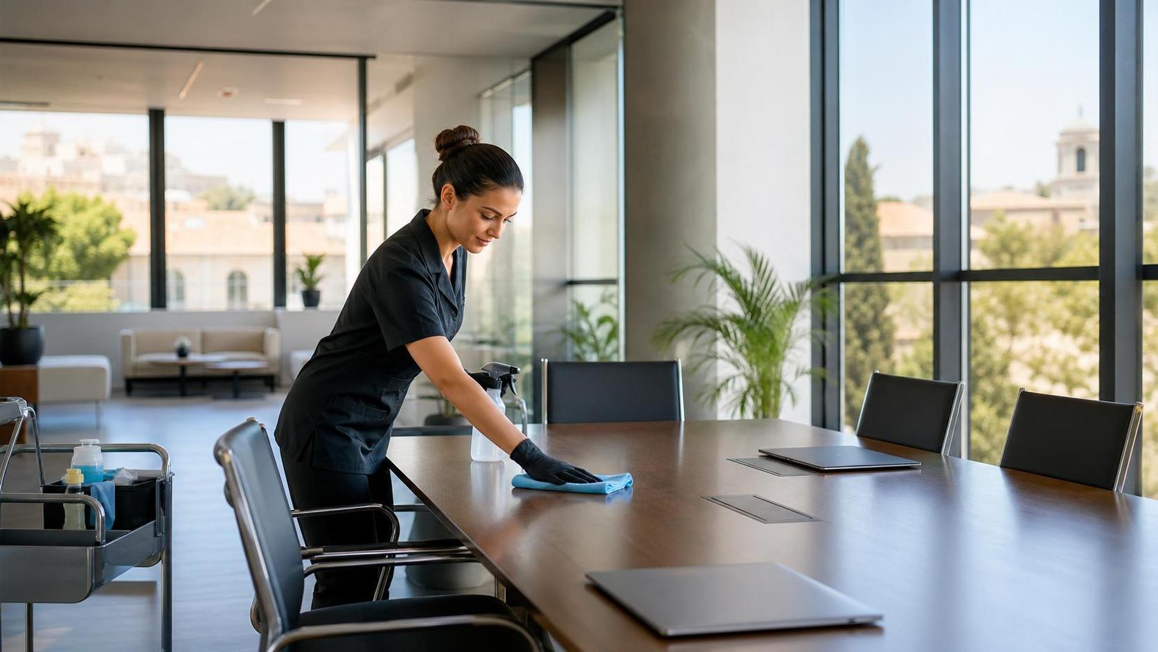 Agent AZA Nettoyage réalisant un nettoyage professionnel de bureaux à Montpellier