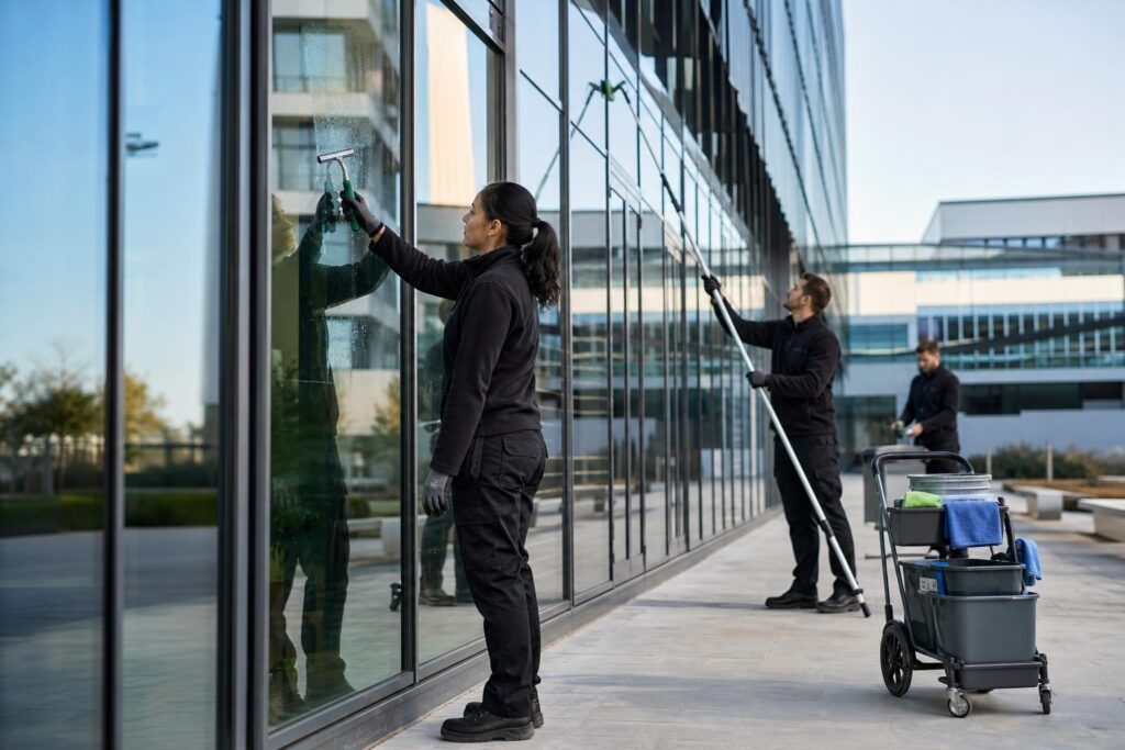 Agent AZA Nettoyage réalisant un nettoyage de vitrerie professionnelle dans l’Hérault