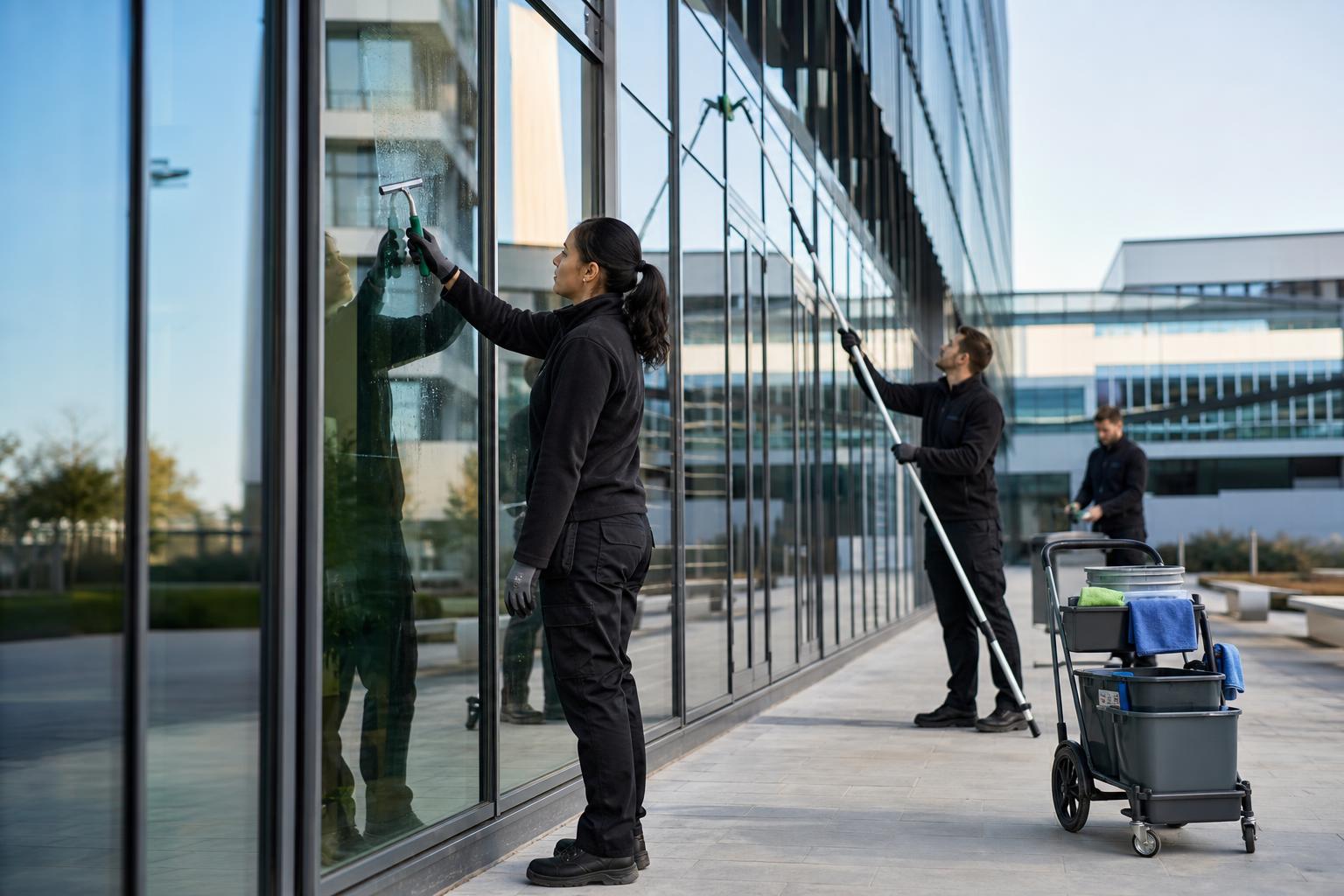 Agent AZA Nettoyage réalisant un nettoyage de vitrerie professionnelle dans l’Hérault
