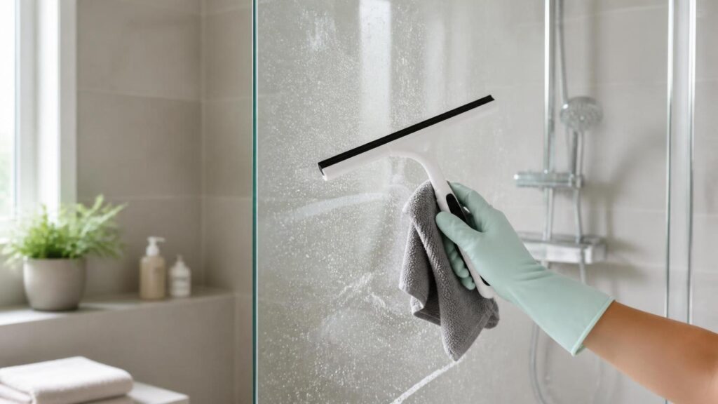 Nettoyage du calcaire sur une paroi de douche avec chiffon microfibre et raclette