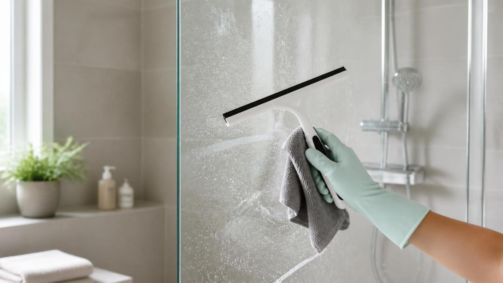 Nettoyage du calcaire sur une paroi de douche avec chiffon microfibre et raclette