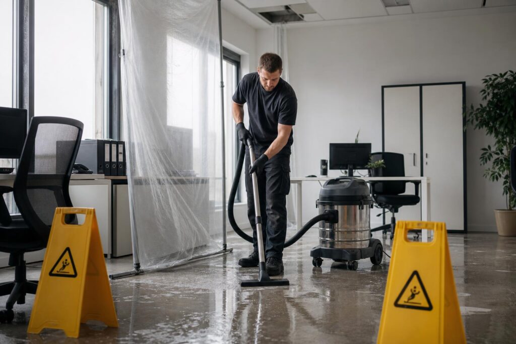 Technicien AZA Nettoyage lors d’un nettoyage après dégât des eaux à Montpellier dans un local professionnel