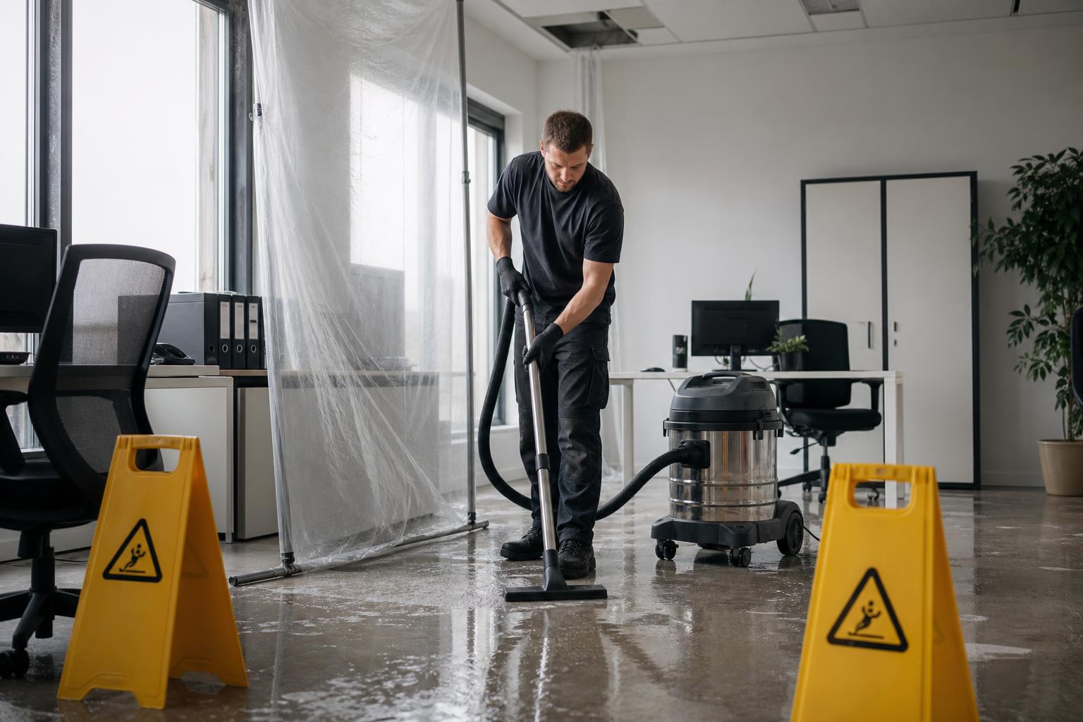 Technicien AZA Nettoyage lors d’un nettoyage après dégât des eaux à Montpellier dans un local professionnel