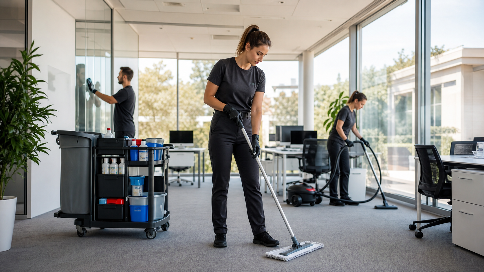 Équipe AZA Nettoyage en intervention dans des bureaux professionnels à Montpellier