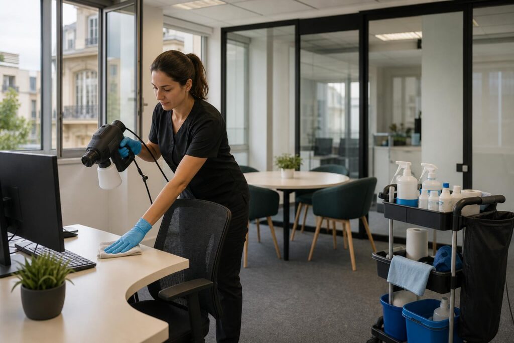 Agent de nettoyage professionnel désodorisant des bureaux et locaux professionnels
