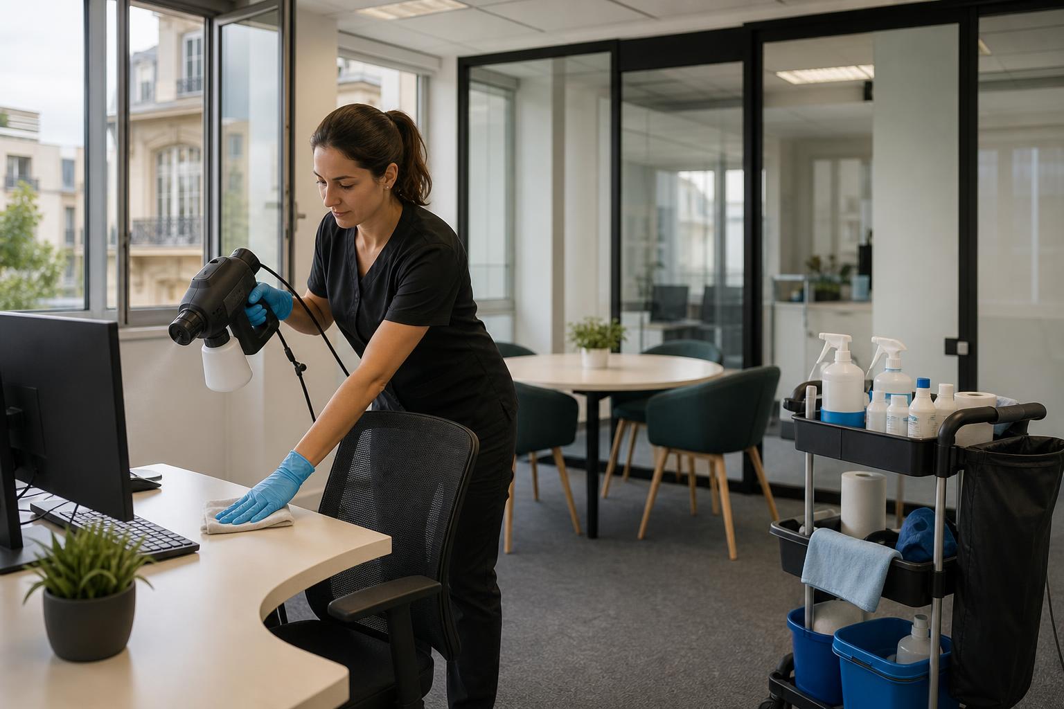 Agent de nettoyage professionnel désodorisant des bureaux et locaux professionnels