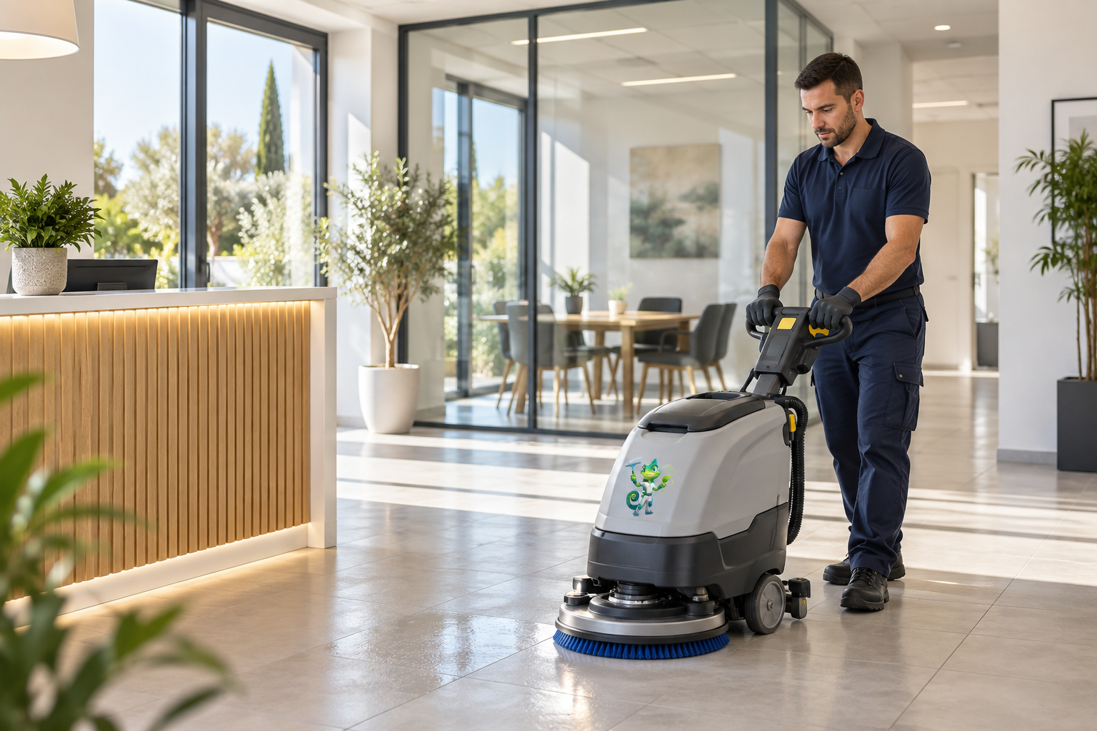 Nettoyage mécanisé du sol de locaux professionnels — illustration des services AZA à Clermont-l’Hérault, avec Aza le caméléon