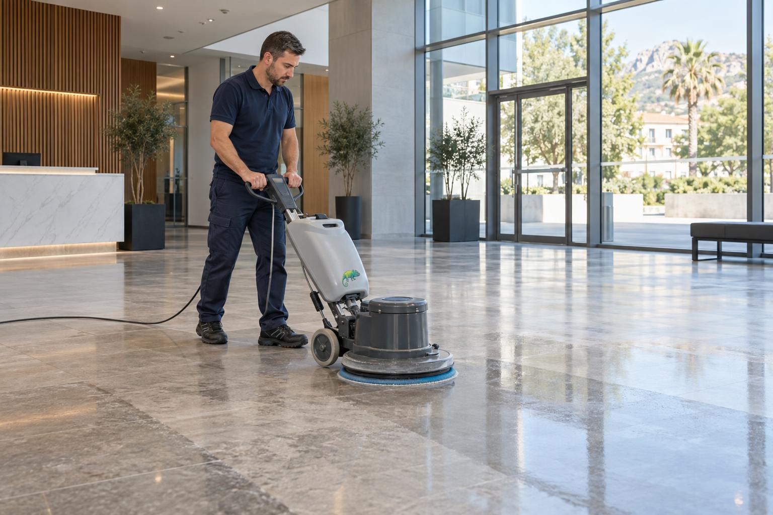Technicien AZA Nettoyage utilisant une monobrosse pour le décapage d’un sol professionnel dans l’Hérault