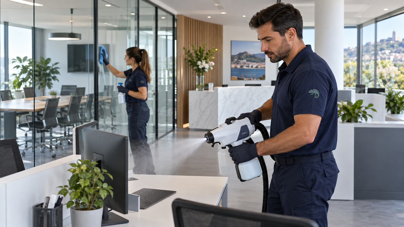 Équipe AZA Nettoyage désinfectant un espace de bureaux professionnel dans l’Hérault