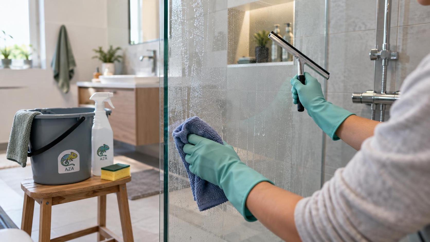 Nettoyage du calcaire sur une paroi de douche avec raclette et chiffon microfibre