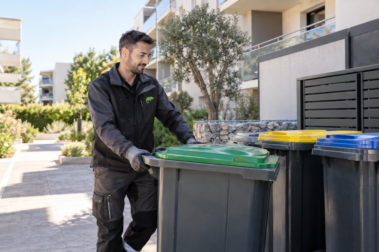 Agent AZA Nettoyage assurant la sortie et la rentrée de containers pour une copropriété dans l’Hérault