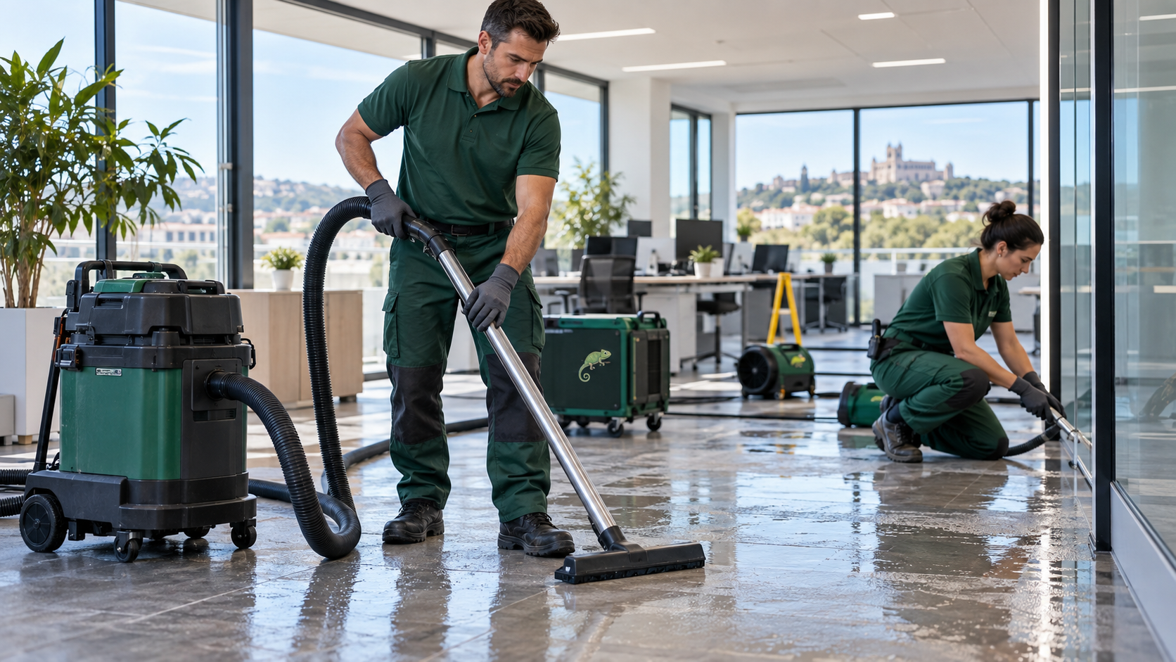 Équipe AZA Nettoyage réalisant un nettoyage après dégât des eaux dans des bureaux de l’Hérault