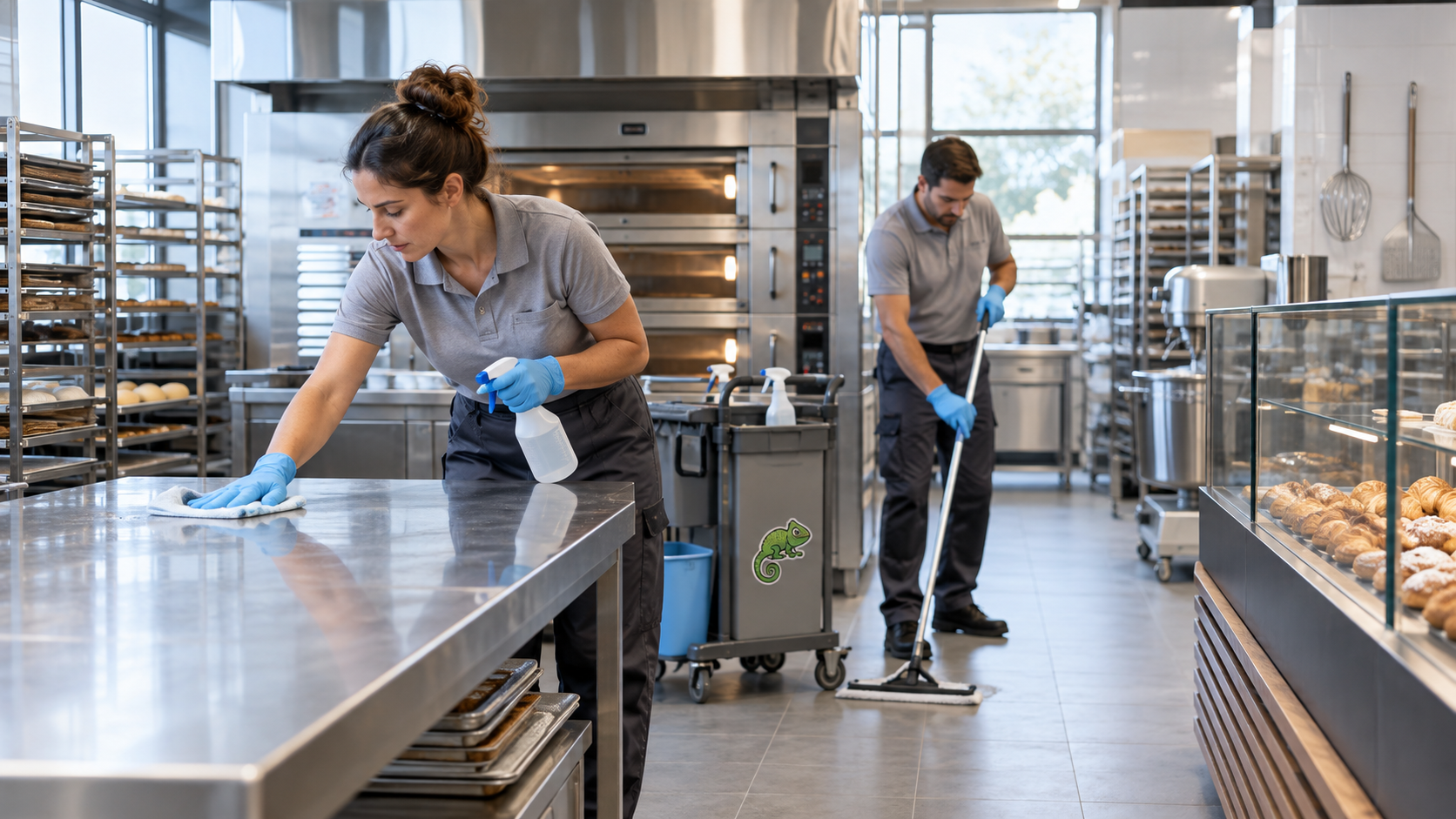 Équipe de nettoyage professionnel dans une boulangerie-pâtisserie de l’Hérault