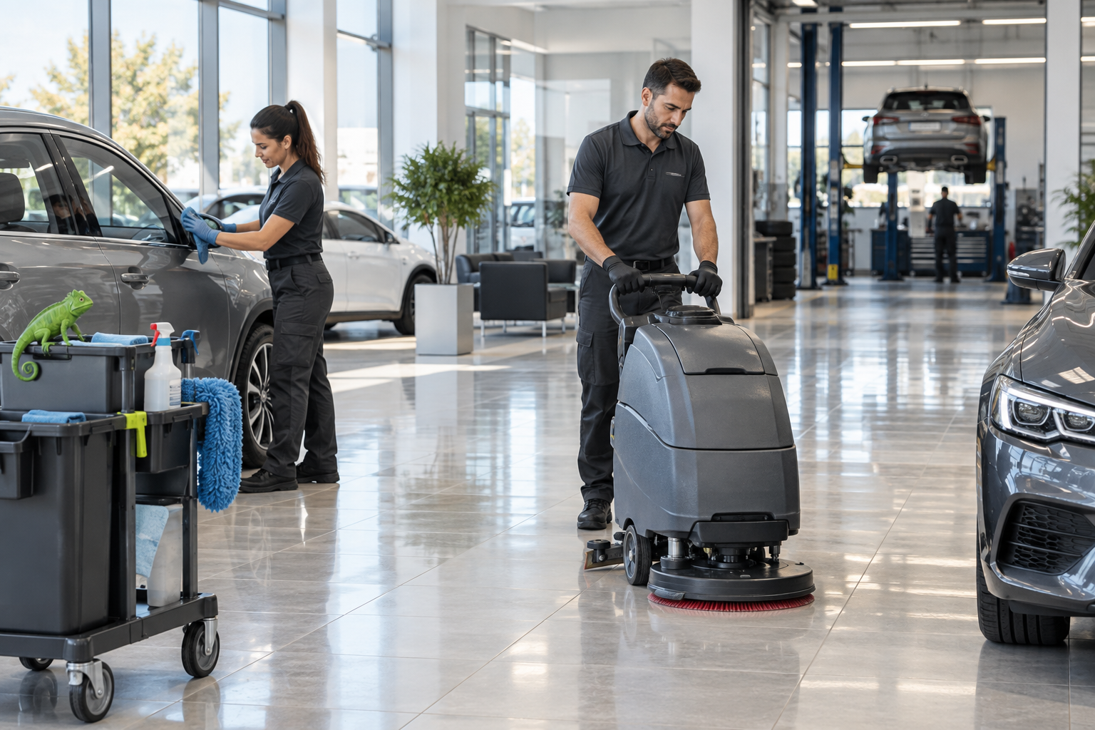Équipe AZA Nettoyage intervenant dans une concession automobile et un garage de l’Hérault