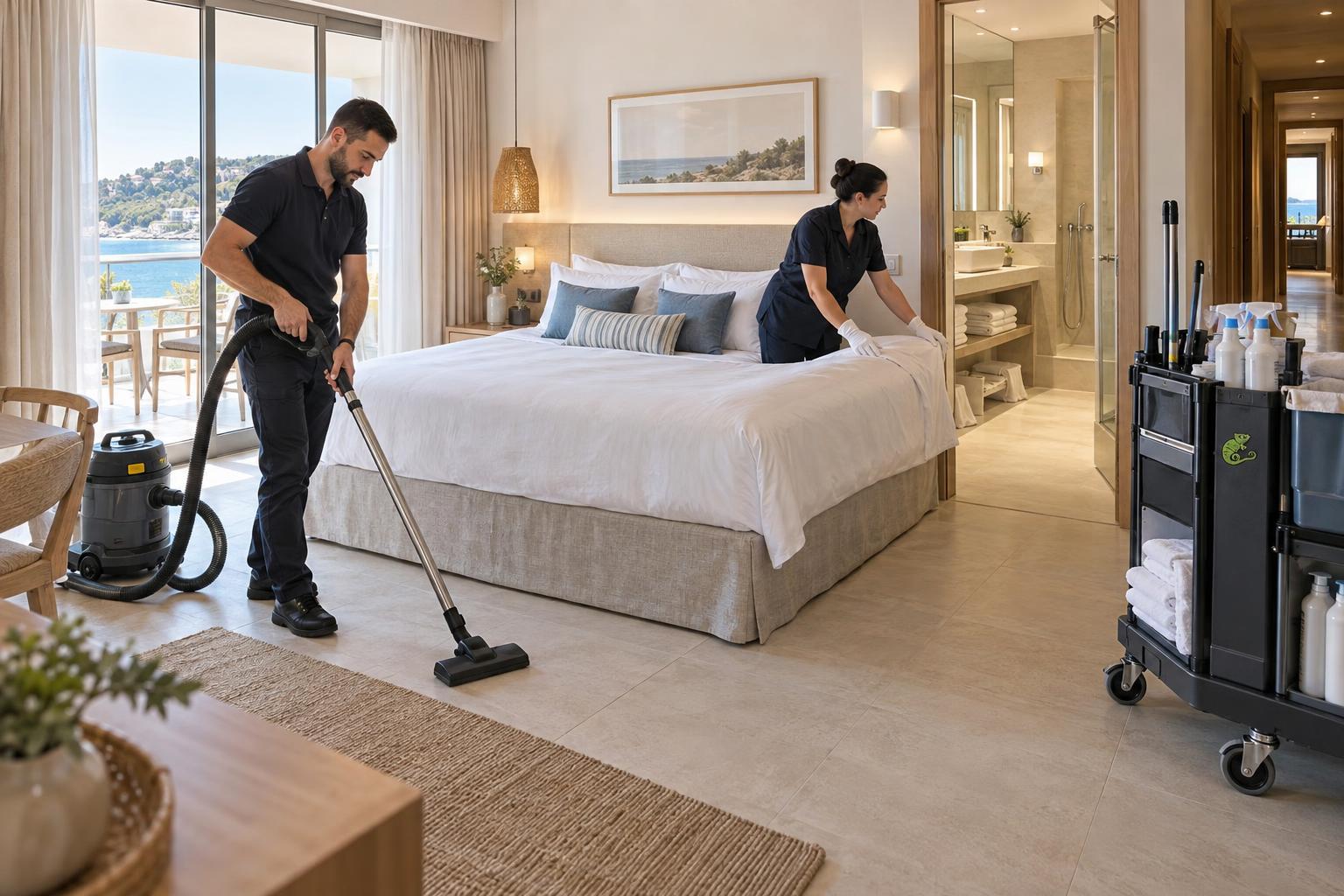Équipe de nettoyage professionnel préparant une chambre d’hôtel dans l’Hérault