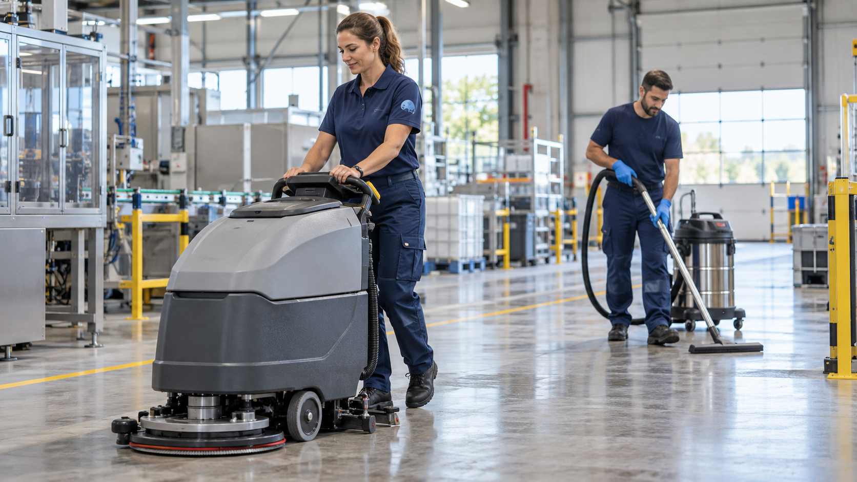 Équipe AZA Nettoyage assurant le nettoyage industriel d’un atelier dans l’Hérault