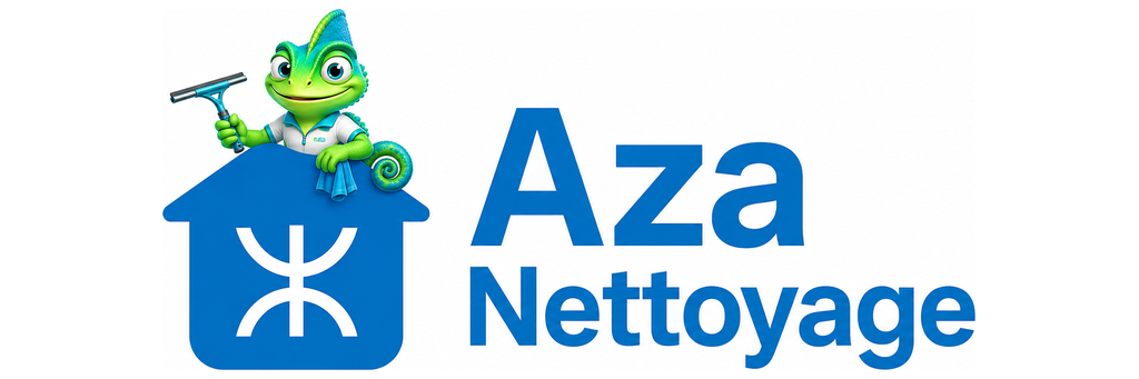 Logo Aza Nettoyage avec Aza le caméléon posé sur la maison