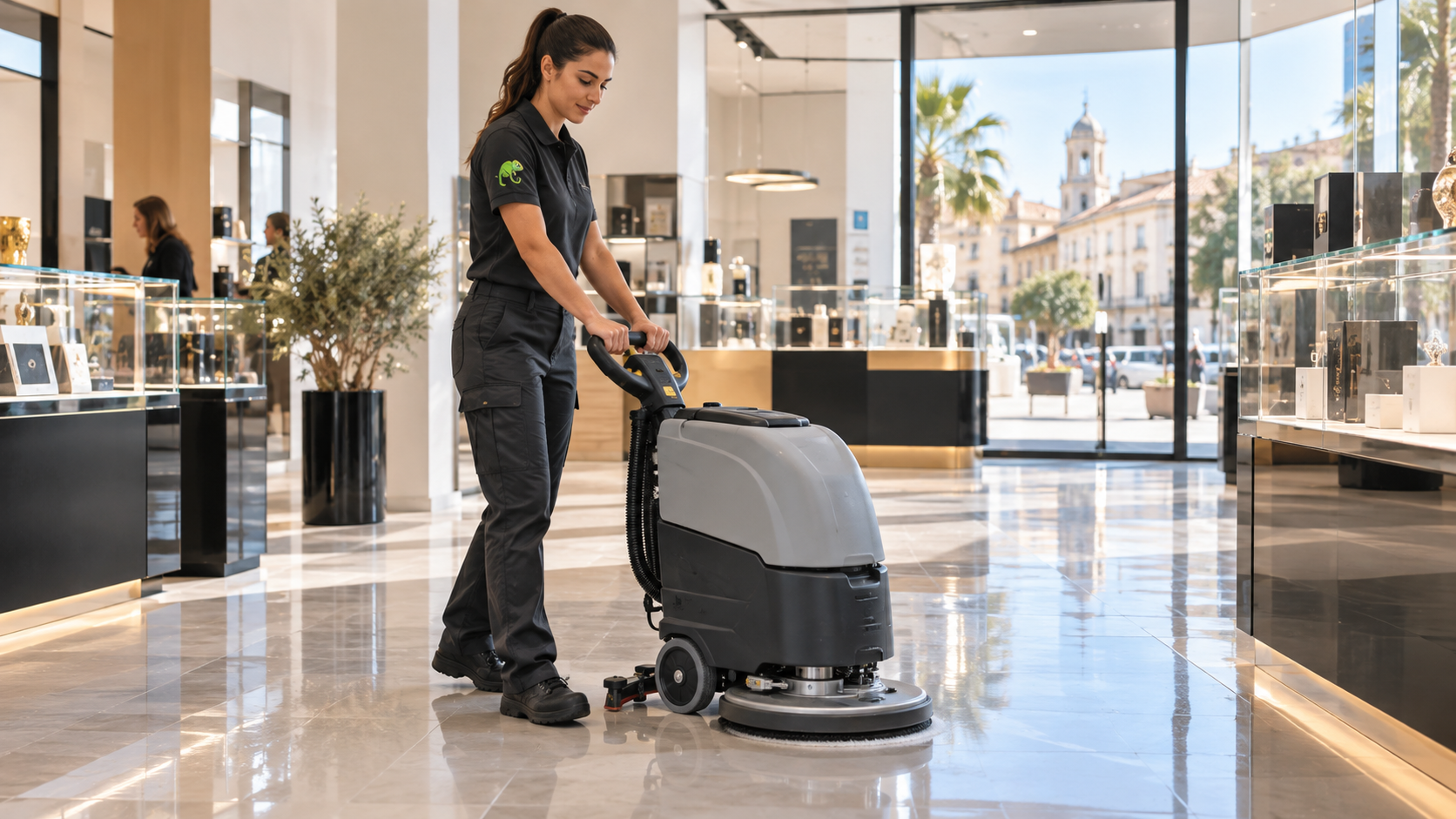 Agent AZA Nettoyage entretenant le sol d’un showroom dans l’Hérault