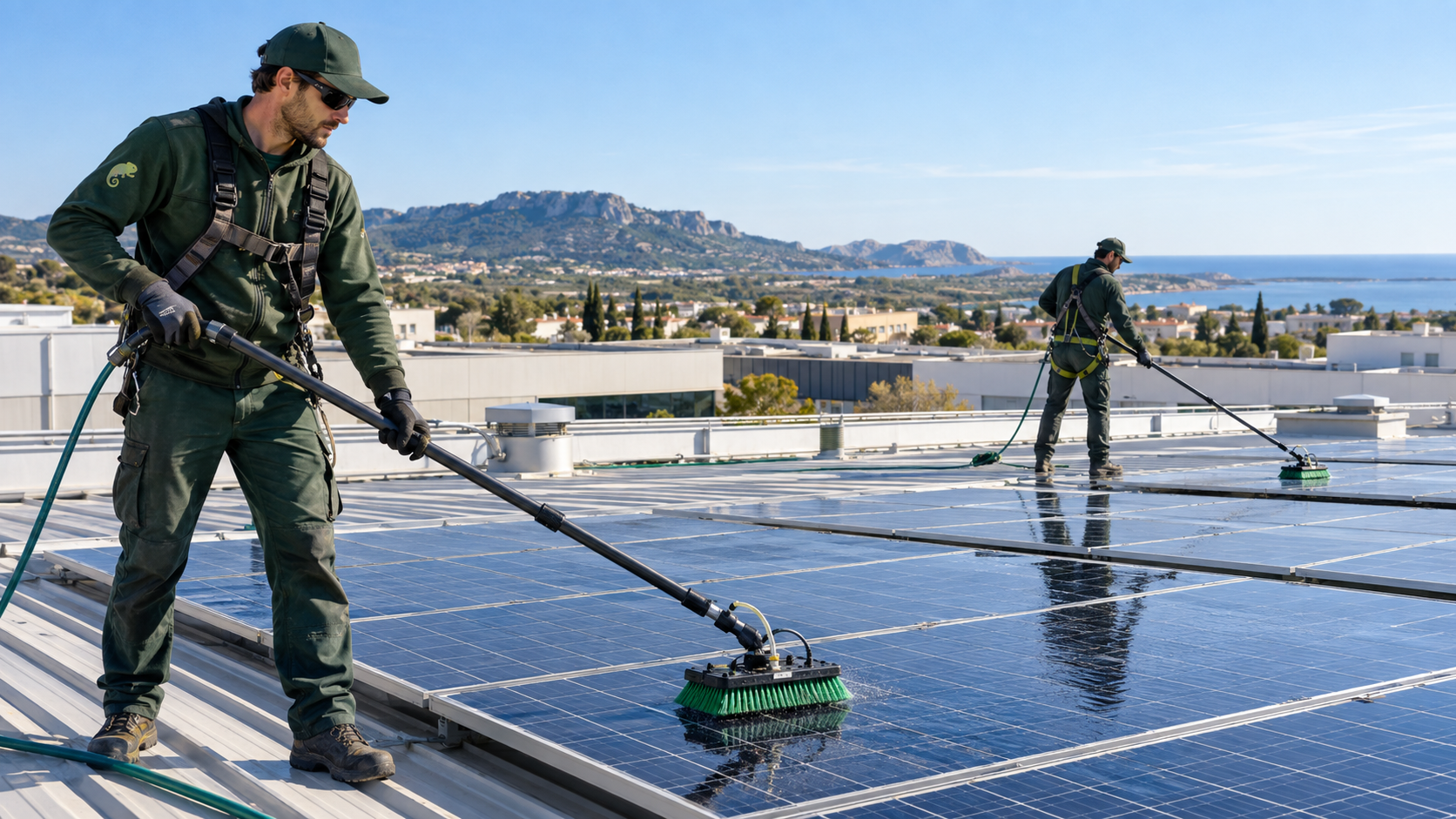 Techniciens AZA Nettoyage équipés pour le nettoyage sécurisé de panneaux solaires sur une toiture professionnelle dans l’Hérault