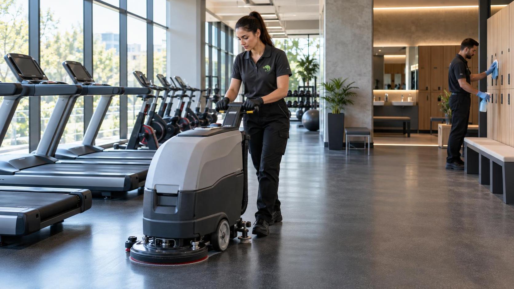 Équipe AZA Nettoyage assurant l’entretien d’une salle de sport et centre de fitness dans l’Hérault