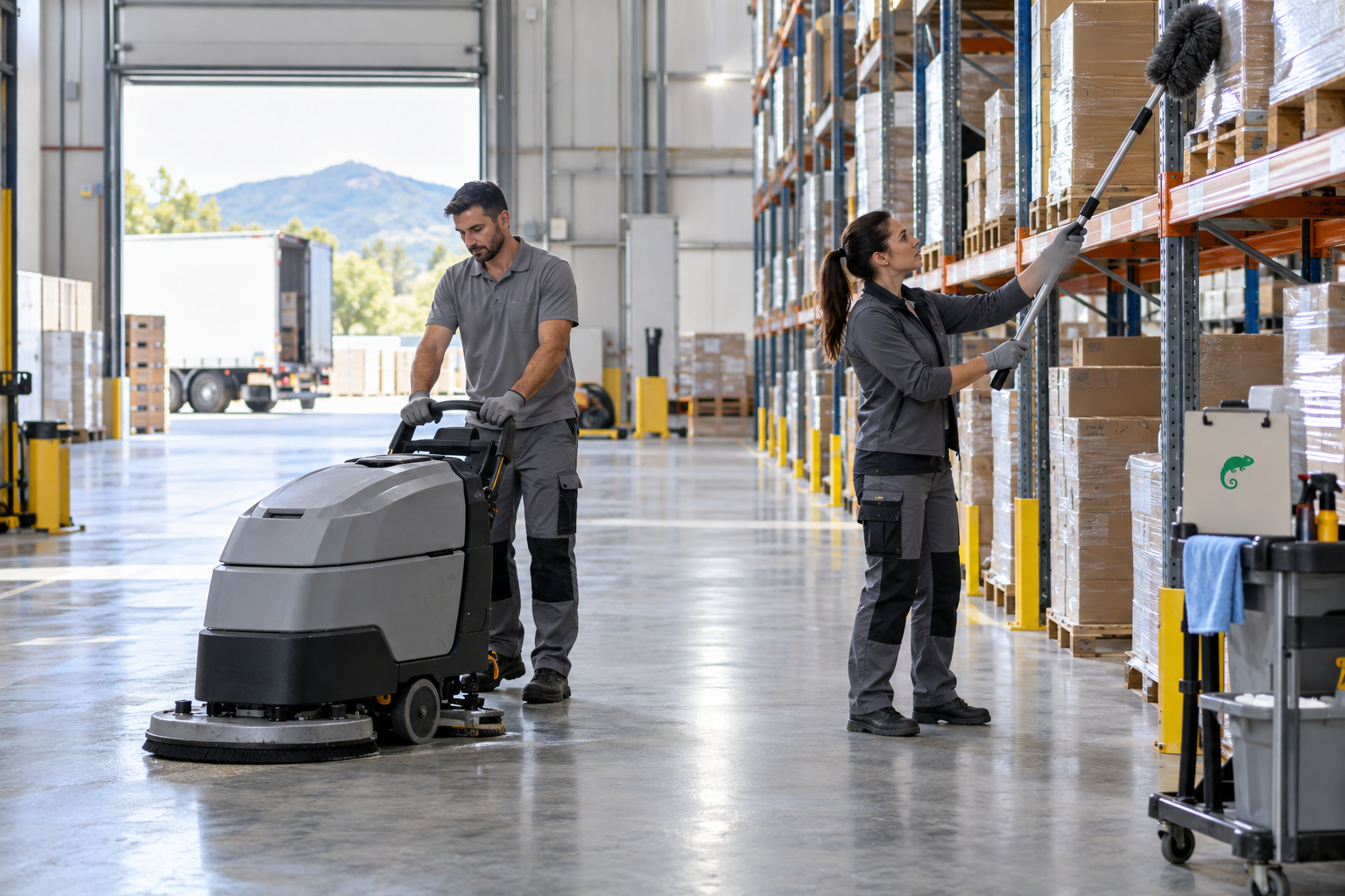 Équipe AZA Nettoyage intervenant dans un entrepôt logistique de l’Hérault