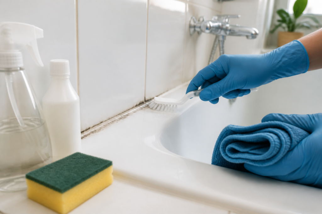Nettoyage de joints de baignoire noircis avec une brosse souple et un chiffon microfibre