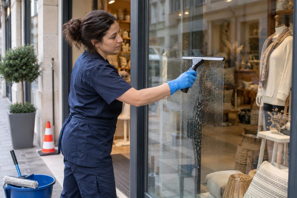 Agente nettoyant la vitrine d’une boutique à la raclette, depuis le sol
