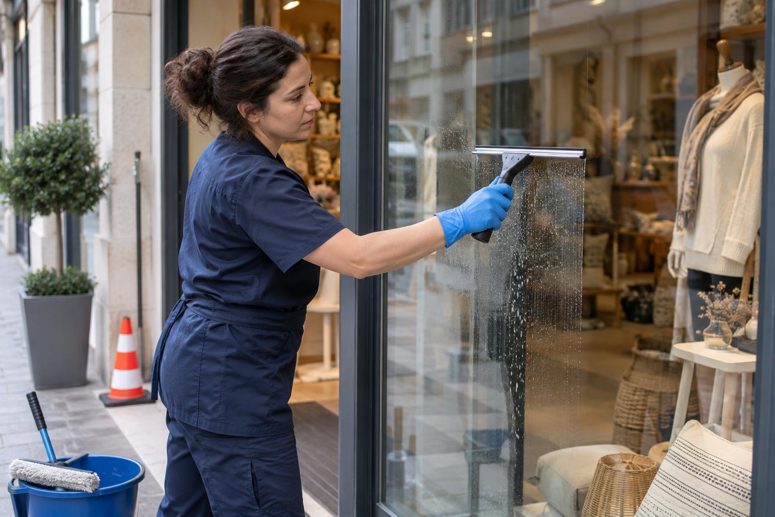 Agente nettoyant la vitrine d’une boutique à la raclette, depuis le sol