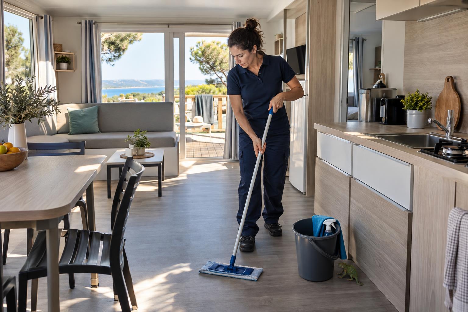 Agent de nettoyage professionnel remettant en état un mobil-home dans un camping de l’Hérault