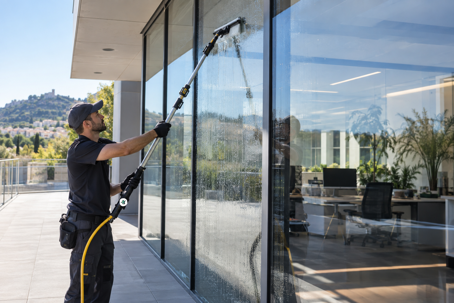 Agent AZA Nettoyage lavant la façade vitrée d’un immeuble de bureaux dans l’Hérault