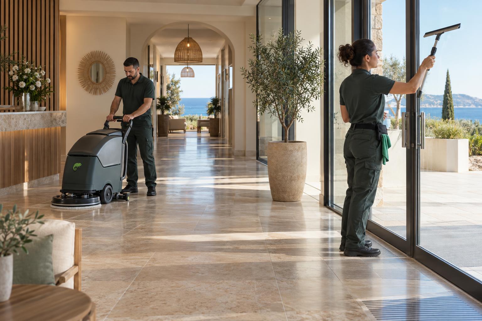 Agents AZA Nettoyage assurant l’entretien d’une résidence de tourisme dans l’Hérault