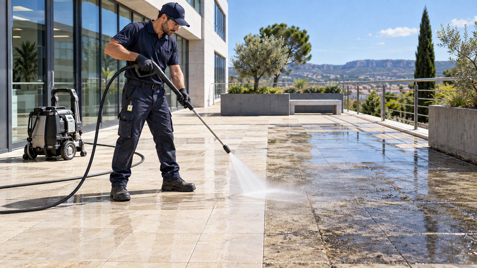 Technicien AZA Nettoyage réalisant un nettoyage haute pression sur une terrasse professionnelle dans l’Hérault