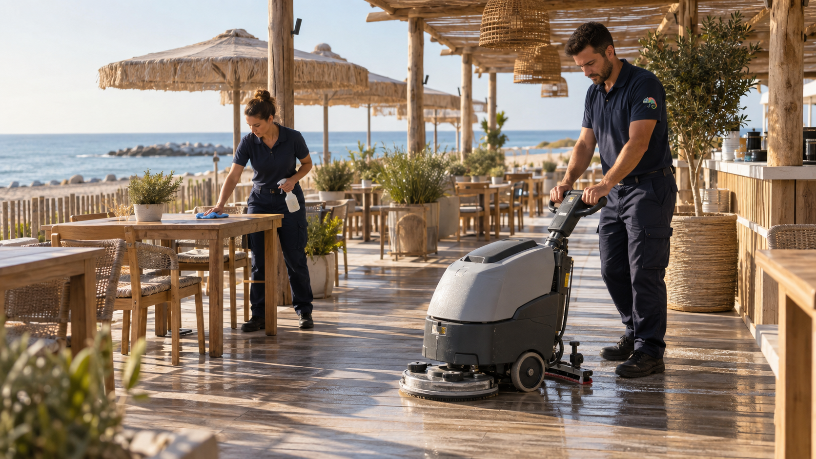 Nettoyage professionnel d’une paillote et terrasse de plage privée dans l’Hérault