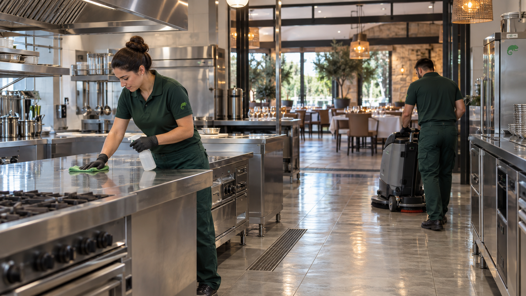 Équipe AZA Nettoyage désinfectant une cuisine professionnelle et une salle de restaurant dans l’Hérault