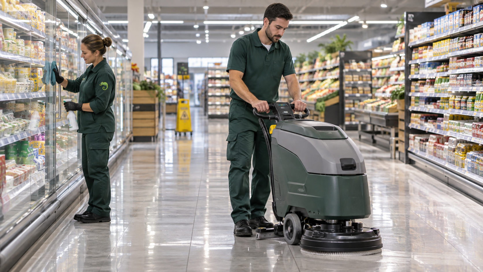 Équipe AZA Nettoyage en intervention dans un supermarché de l’Hérault