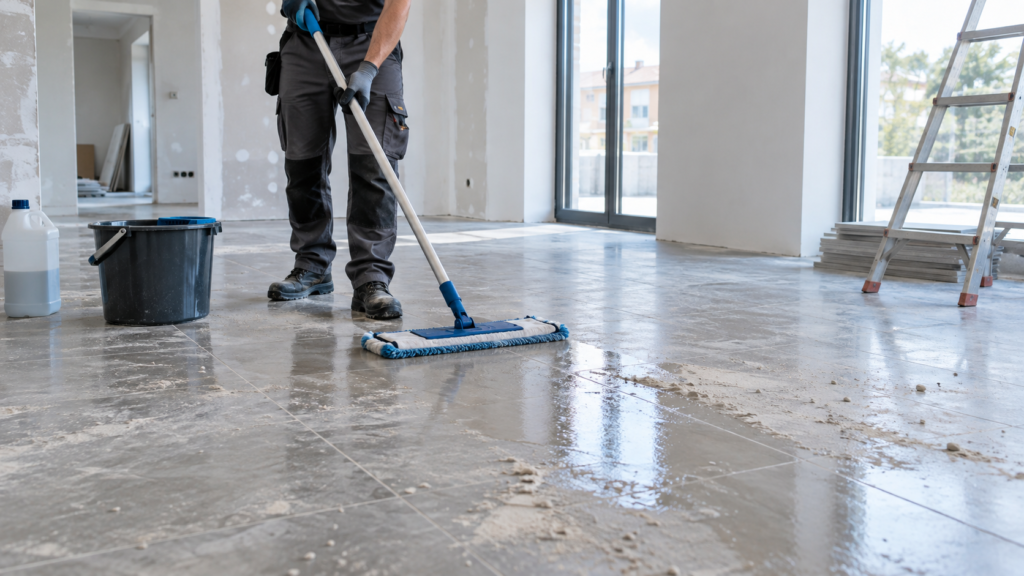 Nettoyage d’un sol encrassé après travaux avec serpillière professionnelle