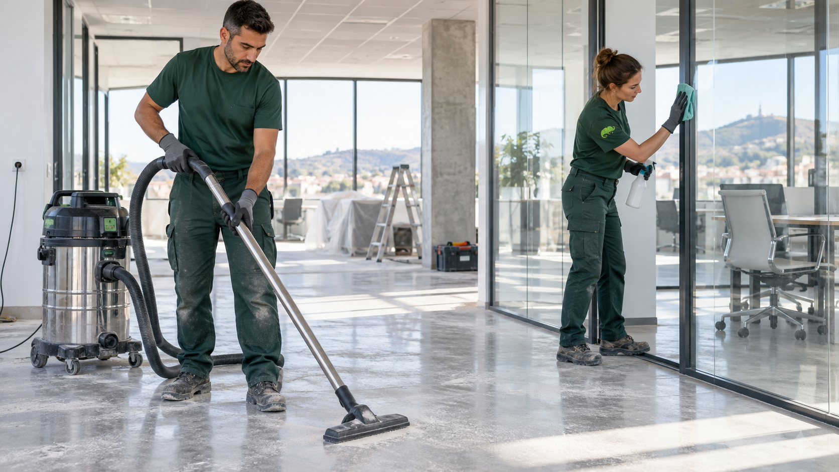 Équipe AZA Nettoyage réalisant une remise en état de fin de chantier dans l’Hérault