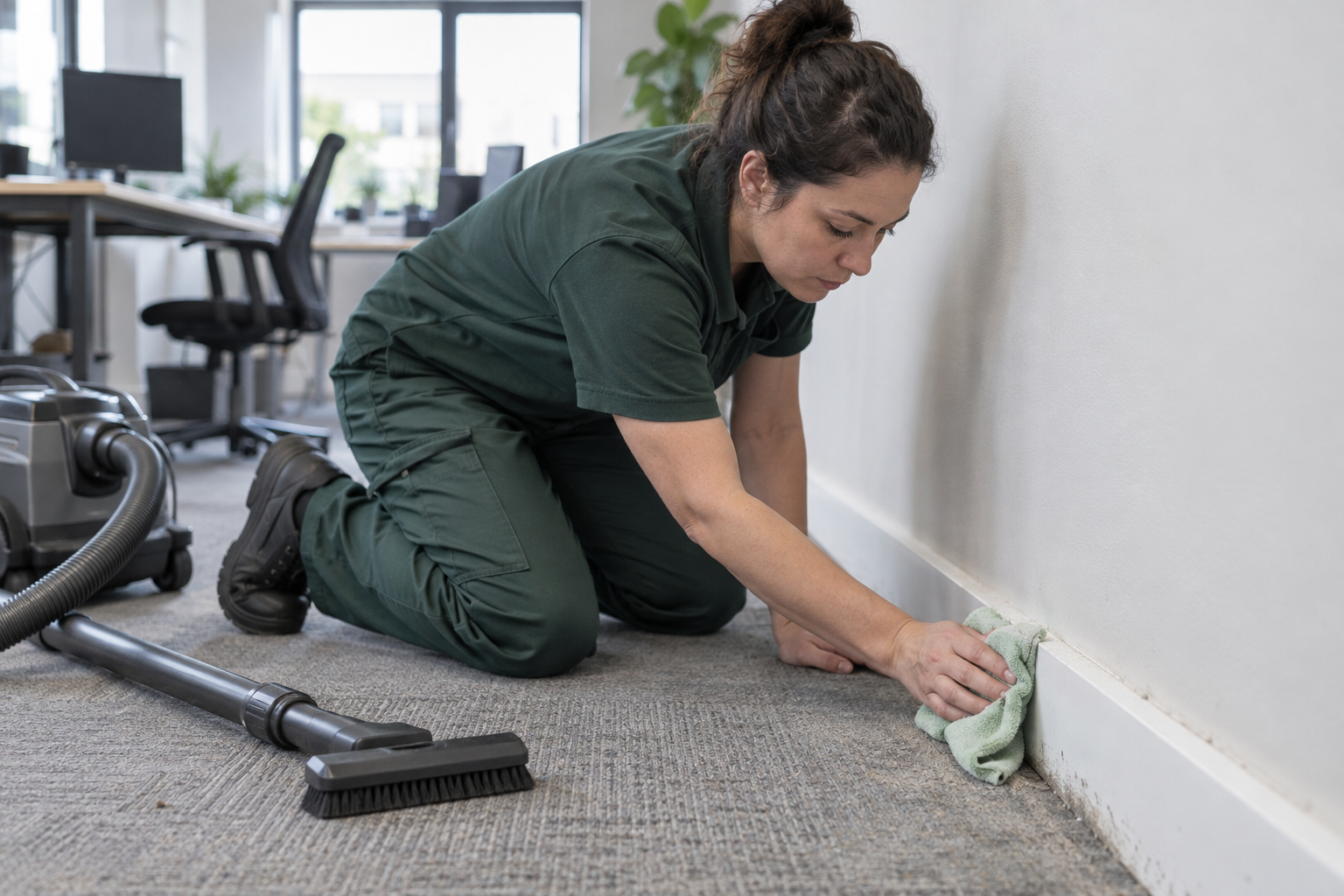 Agente nettoyant une plinthe blanche de bureau avec une microfibre et un aspirateur à brosse