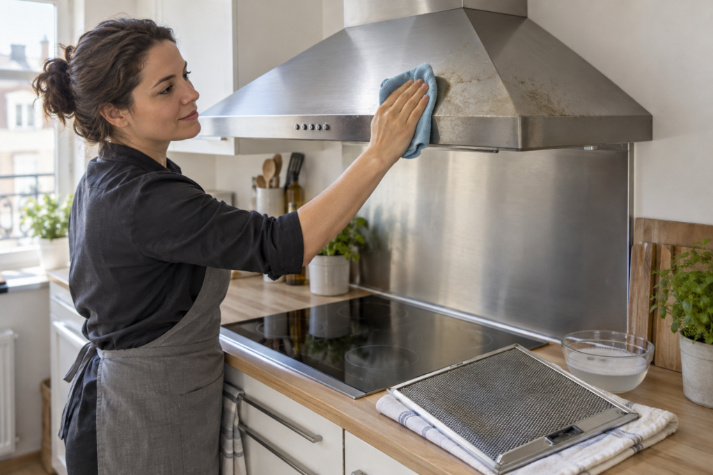 Professionnelle nettoyant une hotte de cuisine encrassée avec une microfibre, filtre métallique posé à côté