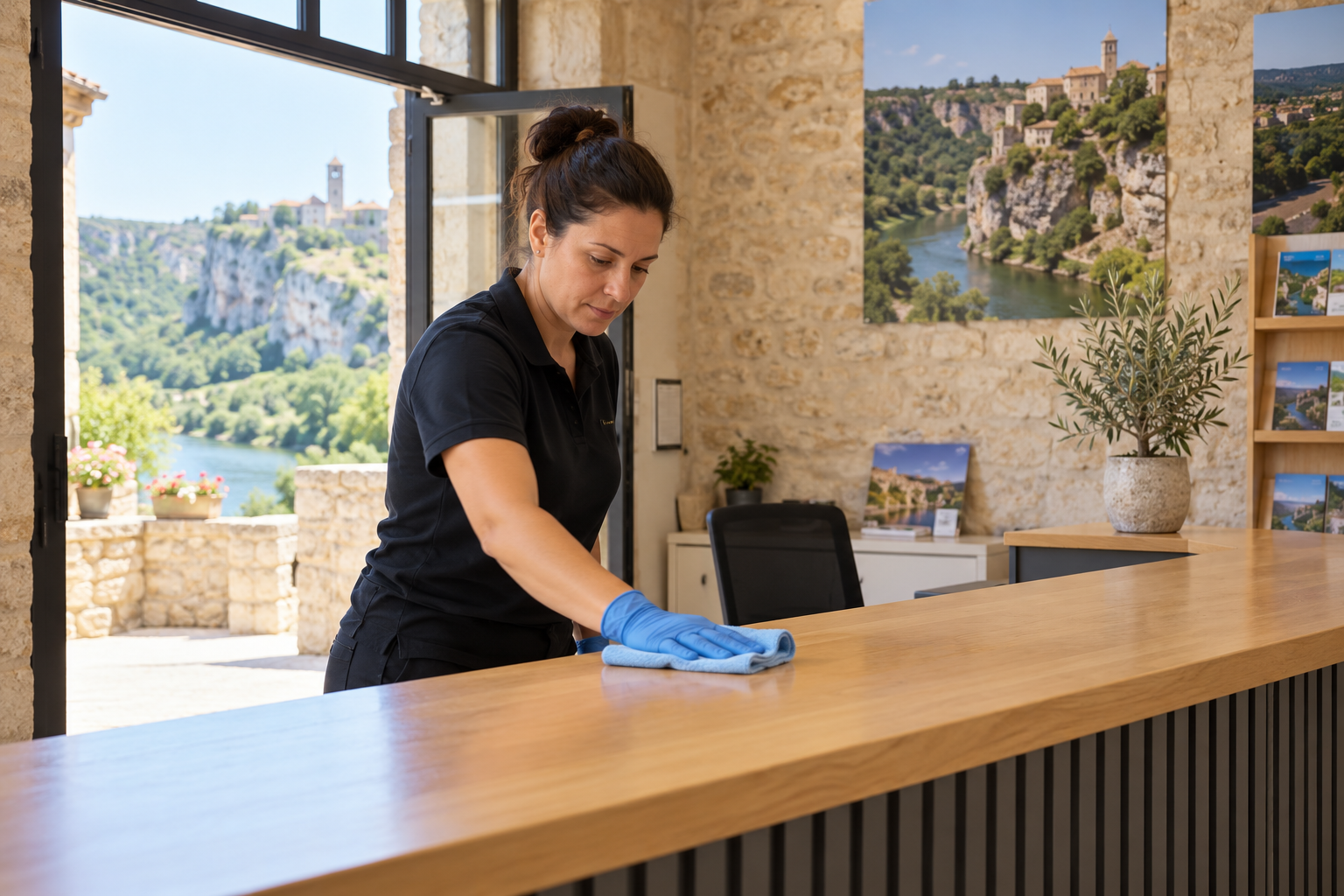Agent de nettoyage professionnel à Aiguèze : essuyage d’un comptoir d’accueil touristique