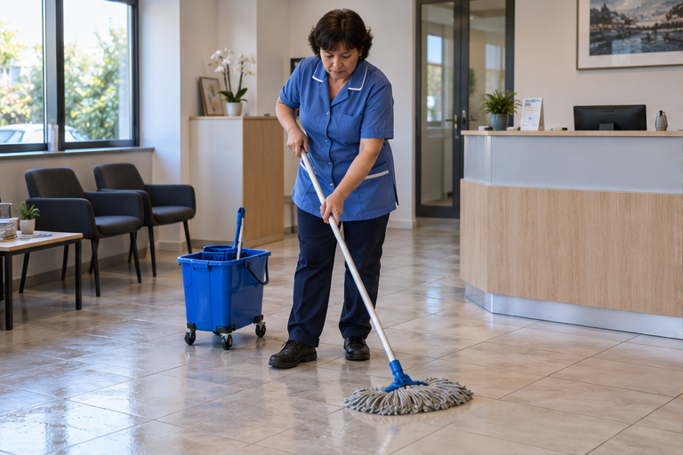 Agent de nettoyage professionnel à Aramon : lavage manuel du sol d’un accueil professionnel