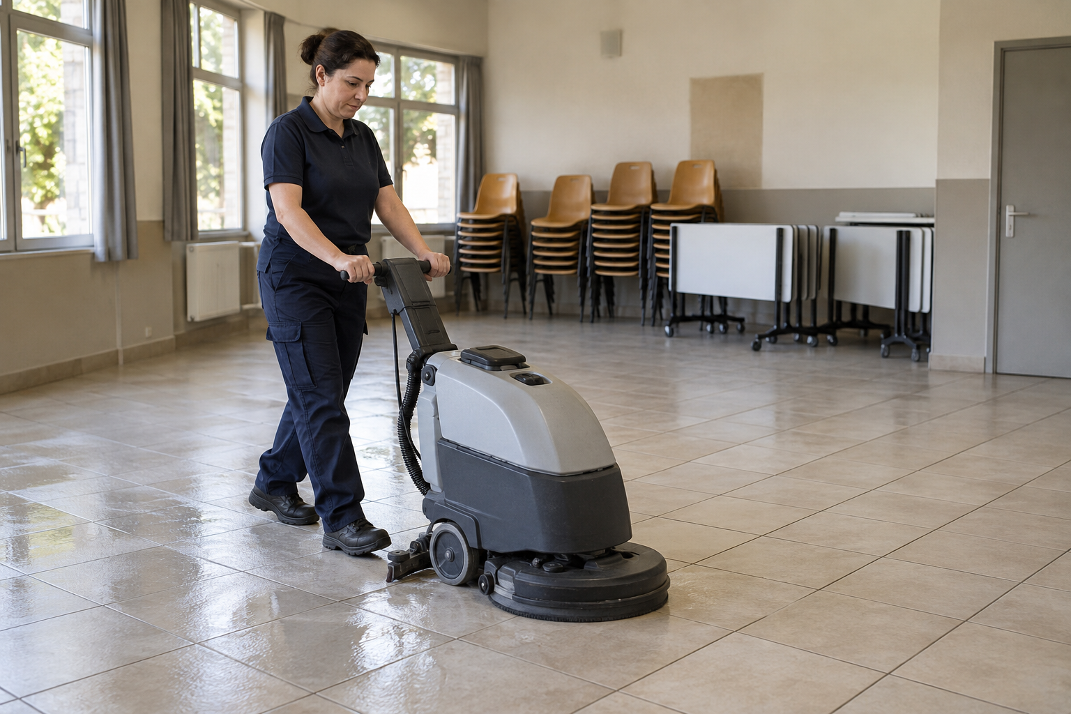 Agent de nettoyage professionnel à Aspères : lavage du sol d’une salle de réunion après événement