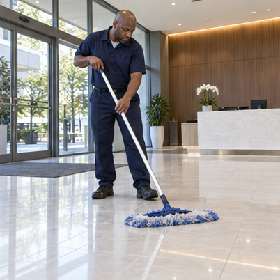 Agent de nettoyage professionnel à Aubord : lavage du sol carrelé d’une entrée de bureaux
