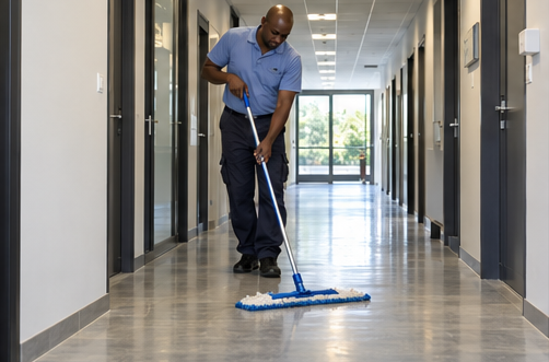 Agent de nettoyage professionnel à Bez-et-Esparon : lavage d’un couloir de bureaux