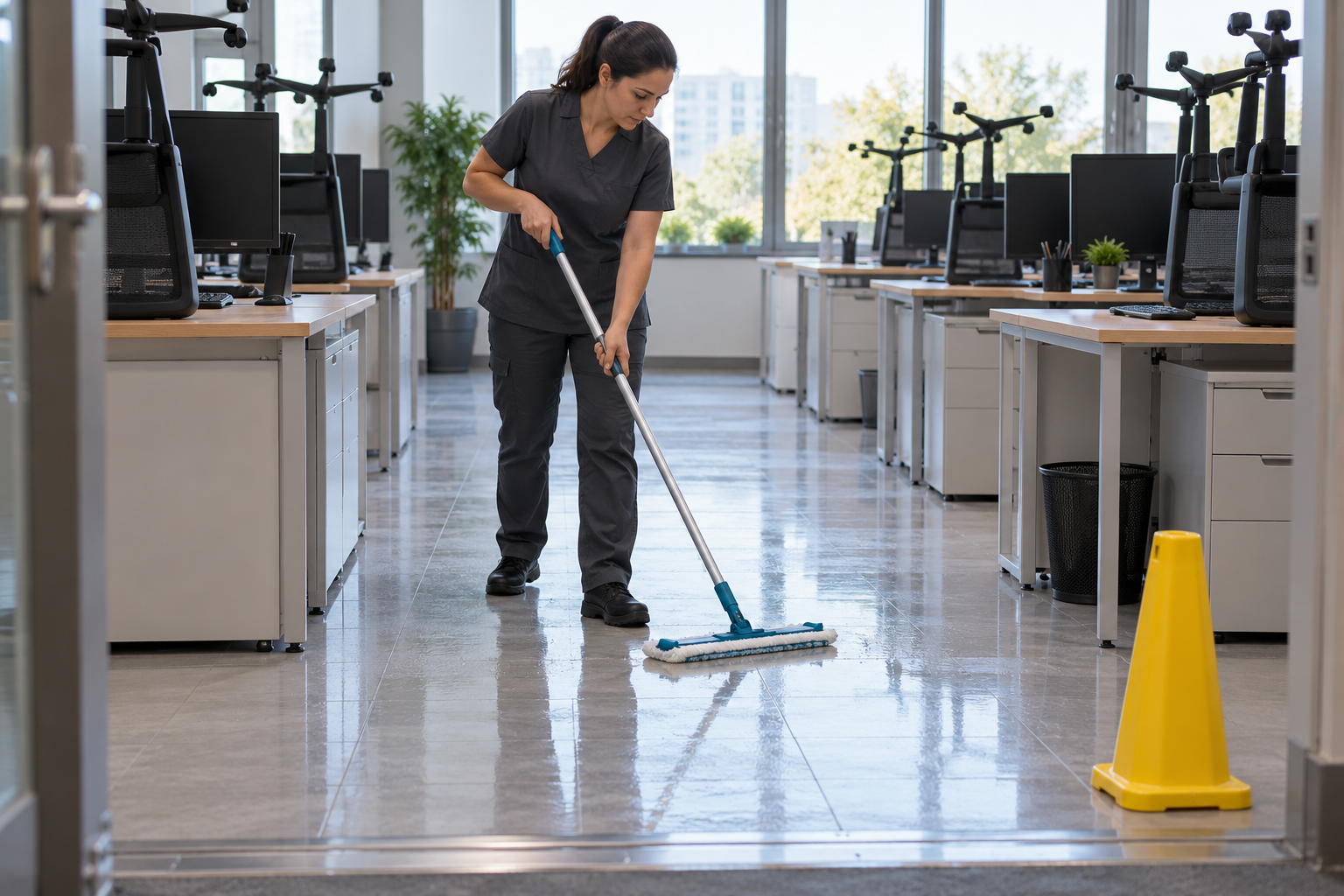 Agent de nettoyage professionnel à Codolet : lavage d’un sol carrelé dans un bureau partagé