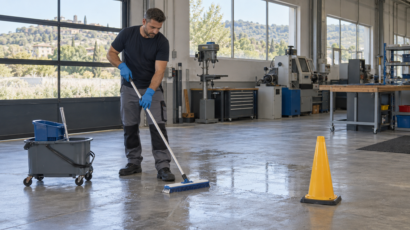 Agent de nettoyage professionnel à Combas : nettoyage d’une circulation dans un atelier artisanal