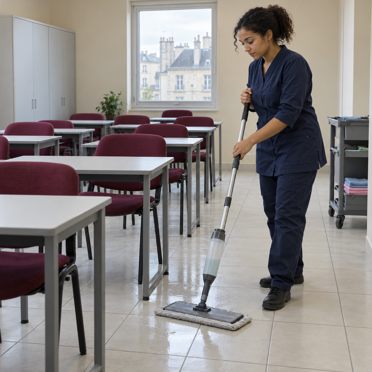 Agent de nettoyage professionnel à Dions : lavage manuel du sol d’une salle de réunion