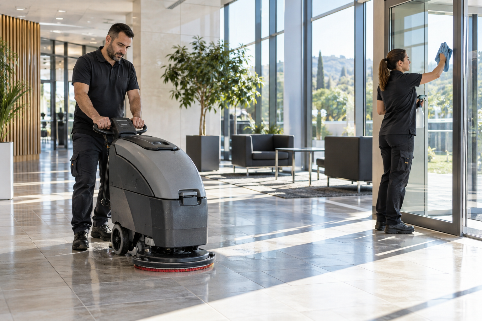 Deux agents assurant le nettoyage professionnel de sols et vitrages dans un local B2B du Gard